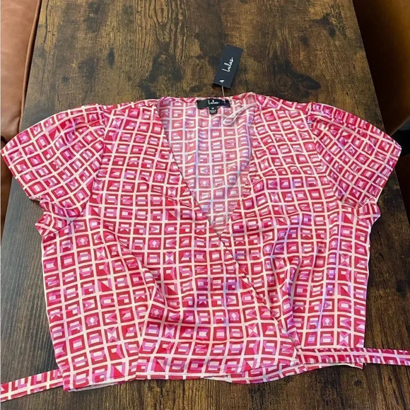 Lulus Red Multi Print Satin Short Sleeve Wrap Top - Picture 5 of 12